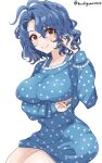  1girl blue_hair blush breasts brown_eyes chamumi_(mochiumee) dark_blue_hair dress highres idolmaster idolmaster_million_live! large_breasts looking_at_viewer polka_dot polka_dot_dress short_hair sitting smile solo toyokawa_fuka twitter_username wavy_hair 