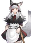  1girl andou_yuna animal_ears arknights black_dress black_nails collared_dress cowboy_shot dress fox_ears fox_girl fox_tail frostleaf_(arknights) grey_hair grey_thighhighs headphones highres long_hair looking_at_viewer maid neck_ribbon parted_lips red_eyes red_ribbon ribbon short_sleeves simple_background tail thighhighs twitter_username white_background 
