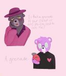  2023 abbytabby5 anthro bear biped blush clothing duo english_text explosives eyewear glasses grenade hat headgear headwear hi_res humanoid_hands mammal padre_(unicorn_wars) purple_body sargento_caricias shirt text topwear unicorn_wars weapon 