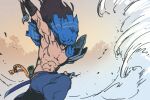  abs arm_up armpits black_hair blue_pants blue_scarf covered_face day holding holding_sword holding_weapon league_of_legends long_hair muscular muscular_male navel pants phantom_ix_row scarf single_shoulder_pad solo sword torn_scarf tree weapon wings yasuo_(league_of_legends) 
