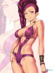  1girl artist_name bikini breasts choker cleavage covered_navel earrings english_commentary etchimune fire_emblem fire_emblem:_three_houses grin jewelry lipstick looking_at_viewer makeup muscular muscular_female one-piece_swimsuit petra_macneary ponytail purple_eyes purple_hair purple_one-piece_swimsuit smile swimsuit wrist_cuffs yellow_choker zoom_layer 