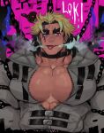  1boy bara belt black_hair blonde_hair chain collar facial_hair glowing glowing_eyes highres large_pectorals loki_(housamo) looking_to_the_side male_focus manly mature_male multicolored_hair muscular muscular_male pectoral_cleavage pectorals robokeh solo steam tattoo thick_eyebrows tokyo_afterschool_summoners tongue tongue_tattoo upper_body 