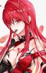 1girl absurdres black_dress black_gloves blood blood_on_face bloody_queen_(elsword) breasts chest_tattoo cleavage commentary dress elesis_(elsword) elsword fingerless_gloves gloves highres long_hair looking_at_viewer medium_breasts red_dress red_eyes red_hair slit_pupils solo straight_hair tanjel tattoo two-tone_dress very_long_hair white_background 