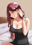  1girl adjusting_hair bed bed_sheet bedroom blurry blurry_background blush breasts collarbone commentary_request hair_behind_ear hand_in_own_hair highres indoors jewelry long_hair looking_at_viewer love_live! love_live!_school_idol_project lying mature_female medium_breasts mole mole_under_mouth nishikino_maki&#039;s_mother on_bed on_side pillow purple_eyes r2pi red_hair ring smile solo 