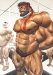  3boys abs alternate_skin_color arms_behind_back bara beard blush body_fur censored clenched_teeth completely_nude dark-skinned_male dark_skin excessive_pubic_hair facial_hair feet_out_of_frame flaccid forked_eyebrows frown large_pectorals looking_to_the_side male_focus mature_male mennsuke mosaic_censoring multiple_boys muscular muscular_male navel nipples nude paid_reward_available pectorals precum pubic_hair ryu_(street_fighter) short_hair solo_focus standing stomach street_fighter street_fighter_6 teeth thick_eyebrows thick_mustache thick_thighs thighs veins veiny_arms very_sweaty 