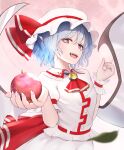  1girl absurdres apple blue_hair fangs food fruit hat hat_ribbon highres holding holding_food holding_fruit leaf looking_at_viewer mob_cap open_mouth pointy_ears red_eyes remilia_scarlet ribbon sharc shirt short_hair short_sleeves skirt smile solo standing touhou white_headwear white_shirt white_skirt white_wrist_cuffs wings 