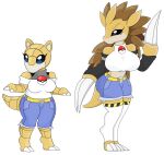  anthro armwear belt big_breasts black_eyes bottomwear breasts brown_hair claws clothing duo female generation_1_pokemon hair hi_res legwear nintendo pokeball pokemon pokemon_(species) sandshrew sandslash shirt shorts simple_background stockings tail topwear urusee584 white_background yellow_body 