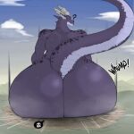  anthro big_butt blizzard_entertainment butt butt_crush butt_focus cracked_ground cracks crush dracthyr dragon female hi_res huge_butt hyper hyper_butt macro micro purple_body purple_scales question_mark raised_tail scales scalie sitting solo sybilthesnake tail text warcraft western_dragon wide_hips 