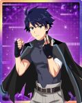  1boy ahoge belt black_shirt blue_eyes blue_hair clenched_hand fingerless_gloves fingernails gloves idolmaster idolmaster_side-m idolmaster_side-m_growing_stars jacket jacket_on_shoulders male_focus official_art school_uniform shirt short_sleeves solo taiga_takeru 