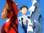  1boy 2girls 7enn ass ayanami_rei blue_background blue_eyes blue_hair bodysuit highres ikari_shinji multiple_girls neon_genesis_evangelion one_eye_closed open_mouth orange_hair pilot_suit plugsuit red_bodysuit simple_background souryuu_asuka_langley standing white_bodysuit 