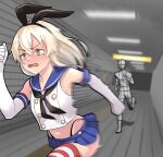  1girl 1other black_panties blonde_hair ceiling_light commentary_request elbow_gloves fleeing furaggu_(frag_0416) gloves hairband highleg indoors kantai_collection long_hair panties running school_uniform shimakaze_(kancolle) skirt striped striped_thighhighs subway_station tears the_exit_8 thighhighs underwear white_gloves 