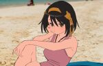 1girl beach blurry blurry_background breasts brown_eyes brown_hair closed_mouth collarbone commentary_request day hair_ribbon hairband half-closed_eyes hand_on_own_cheek hand_on_own_face hand_on_own_knee head_rest jewelry kakeami knee_up large_breasts light_blush looking_at_viewer necklace outdoors people photo_background pink_tank_top reclining ribbon sand short_hair solo_focus suzumiya_haruhi suzumiya_haruhi_no_yuuutsu tank_top towel yellow_hairband yellow_ribbon 