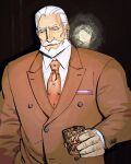  1boy alcohol bara beard blue_eyes business_suit cup drinking_glass facial_hair handkerchief highres holding jp_(street_fighter) large_pectorals long_hair male_focus mature_male muscular muscular_male mustache necktie pectorals ponytail sa1k0p shirt solo street_fighter street_fighter_6 suit thick_eyebrows thick_mustache white_hair white_shirt 
