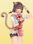  1girl animal_ears apron avatar_(ff11) black_shorts box breasts brown_hairband brown_tail cactus41747280 cat_ears cat_girl cat_tail commentary_request fang final_fantasy final_fantasy_xi frilled_apron frills furrowed_brow gradient_background hairband hand_on_own_ear heart heart-shaped_box highres medium_breasts medium_hair mithra_(ff11) neck_ribbon open_mouth pink_apron pink_pupils pink_ribbon plaid plaid_apron puffy_short_sleeves puffy_sleeves ribbon shirt short_sleeves shorts solo standing tail tail_raised white_shirt 