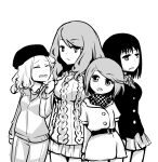  4girls :/ age_difference aran_sweater ascot belt beret black_hair black_headwear black_shirt breasts buttons cable_knit child closed_eyes closed_mouth coat commentary_request cosplay costume_switch dot_nose dress expressionless feet_out_of_frame frenda_seivelun from_side greyscale hair_between_eyes hand_up hat height_difference i.u.y item_(toaru) jacket kinuhata_saiai large_breasts long_hair looking_at_another looking_at_viewer medium_breasts medium_hair miniskirt monochrome mugino_shizuri multiple_girls no_nose open_mouth pants plaid_ascot pleated_skirt shirt short_dress short_hair short_sleeves simple_background skirt small_breasts sweater sweater_dress takitsubo_rikou teeth thighs toaru_majutsu_no_index toaru_majutsu_no_index:_old_testament track_jacket track_pants track_suit upper_teeth_only wavy_hair white_background white_dress white_sweater 