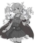  1girl ahoge akira_(kanadomeakira62) cape closed_mouth crescent crescent_hair_ornament greyscale hair_ornament looking_at_viewer monochrome pointy_ears red_cape rena_lanford short_hair skirt smile solo star_ocean star_ocean_the_second_story thighhighs 