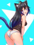  1girl ahoge animal_ears ass black_camisole black_hair blue_eyes blue_hair camisole cat_ears cat_girl cat_tail commentary commission cougar_(cougar1404) crotch_seam facial_tattoo from_behind gradient_hair grey_hair grey_panties hands_on_own_thighs leaning_forward long_hair looking_at_viewer looking_back multicolored_hair open_mouth original panties skeb_commission smile solo standing star_tattoo streaked_hair tail tattoo textless_version underwear underwear_only 