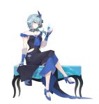  absurdres black_headband blue_hair blue_necktie clothing_cutout eula_(genshin_impact) fashion genshin_impact hairband headband high_heels highres necktie sitting sitting_on_table user_tadn7234 white_background 