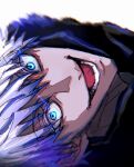  1boy a00xm black_jacket blue_eyes crazy_eyes glowing glowing_eyes gojou_satoru highres jacket jujutsu_kaisen light_trail looking_at_viewer male_focus open_mouth portrait short_hair sideways smile solo white_background white_hair 