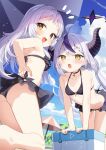  2girls ahoge bikini black_bikini black_horns braid braided_bangs breasts choker frilled_bikini frills grey_hair highres hololive horns la+_darknesss looking_at_viewer multicolored_hair multiple_girls murasaki_shion murasaki_shion_(hololive_summer_2019) official_alternate_costume open_mouth pointy_ears purple_hair sidelocks small_breasts streaked_hair striped_horns swimsuit tousaki_shiina virtual_youtuber wading water yellow_eyes 