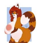  abstract_background absurd_res ailurid anthro areola arm_under_breasts big_breasts blue_eyes breasts brown_body brown_fur bunpetals chest_tuft female fur hair hi_res holding_breast huge_breasts looking_at_viewer mammal nipples nude one_eye_closed orange_body orange_fur pregnant red_hair red_panda sixfour_(character) solo tuft white_body white_fur wink 