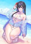  1girl absurdres beach bikini black_hair blue_hair bracelet breasts cloud colored_inner_hair earrings flower hair_between_eyes hair_flower hair_ornament highres jacket jewelry long_hair long_sleeves medium_breasts micro_bikini multicolored_hair ocean open_clothes open_jacket punishing:_gray_raven purple_eyes see-through see-through_jacket selena_(punishing:_gray_raven) shell sky solo swimsuit thighs very_long_hair white_bikini yagikan_(caru2338) 