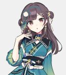  black_sash blue_bow blue_dress blue_hairband blush bow brown_eyes brown_hair chinese_clothes double_bun dress flower grey_background hair_bun hair_flower hair_ornament hairband hakunetsu!_kamikou_ouendan!_(project_sekai) long_hair long_sleeves looking_at_viewer official_alternate_hairstyle open_mouth pleated_sleeves pom_pom_(clothes) project_sekai ribbon sash shinonome_ena sidelocks simple_background tassel waka_(wk4444) white_flower white_ribbon yellow_flower yellow_ribbon 