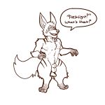  1:1 amorey animal_genitalia another_eidos_of_dragon_vein_r anthro barawerewolf big_ears canid canine digitigrade english_text fox fully_sheathed genitals hi_res kobold male mammal monochrome navel nipples nude orange_and_white pecs sheath short_stack soft_abs solo speech_bubble text 
