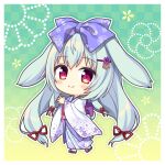  1girl animal_ears black_footwear blue_bow blue_hair blue_kimono blush bow checkered_background chibi closed_mouth commentary_request floral_print flower gradient_background hair_bow hair_ornament hair_ribbon hairclip japanese_clothes kimono long_hair looking_at_viewer print_kimono purple_eyes purple_flower rabbit_ears rabbit_girl rabbit_tail red_ribbon ribbon ryuuka_sane smile socks solo steepled_fingers tabi tail tarumi_konoha very_long_hair walking white_kimono white_socks yorite_konoha_wa_kurenai_ni zouri 