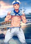 abs blue_sky blue_stripes blurry blurry_background brown_hair clothes_lift cloud ear_piercing feet_out_of_frame hat highres jockstrap looking_at_viewer male_focus male_underwear maorenc muscular muscular_male navel nipples one_eye_closed original pants pectorals piercing sailor_collar sailor_hat ship shirt shirt_lift single_nipple_piercing sky sleeveless sleeveless_shirt smile striped striped_shirt underwear watercraft white_hair white_pants yellow_eyes 