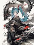  1girl black_kimono blue_eyes blue_hair callimiya closed_mouth commentary_request dragon floral_print hair_between_eyes hair_ribbon hatsune_miku highres japanese_clothes katana kimono long_hair long_sleeves looking_at_viewer obi red_ribbon ribbon sash standing sword twintails vocaloid weapon white_background wide_sleeves 