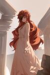  1girl closed_mouth column dress eyepatch highres hwa_ryun kunyetog long_hair long_sleeves looking_at_viewer pillar red_eyes red_hair solo tower_of_god white_dress 