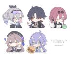  1boy 4girls ? bailu_(honkai:_star_rail) bandaged_arm bandages black_hair blade_(honkai:_star_rail) brown_hair bubble_blowing burger chibi closed_mouth crossed_arms doll_joints flower food gradient_hair hair_between_eyes hair_over_one_eye hat herta_(honkai:_star_rail) holding honkai:_star_rail honkai_(series) horns jacket joints kafka_(honkai:_star_rail) long_hair multicolored_hair multiple_girls one_eye_closed purinacow purple_eyes purple_flower red_eyes silver_wolf_(honkai:_star_rail) simple_background squiggle white_background 