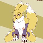  1:1 2023 absurd_res anthro bandai_namco black_sclera breasts canid canine digimon digimon_(species) female fluffy fluffy_tail fur hi_res kneeling looking_at_viewer mammal neck_tuft nipples renamon simple_background solo tail the_man tuft white_body white_fur yellow_body yellow_fur 
