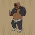  absurd_res aggretsuko andromorph animal_humanoid anthro barazoku body_hair breasts breeches brown_body brown_fur brown_hair canid canid_humanoid canine canine_humanoid canis chest_hair chubby_belly chubby_male dog_humanoid dokachin domestic_dog eyes_closed eyewear fur glasses hair hatsuri hi_res humanoid intersex like_like male male/male mammal mammal_humanoid mature_male muscular muscular_anthro muscular_male pecs pijama sanrio solo solo_focus young 