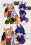  2023 accessory annoyed anthro armwear arsworlds being_watched blue_body blue_eyes blue_fur blue_hair blush bodily_fluids breasts butt canid canine clothing dipstick_tail duo female fingerless_gloves fox fox_mccloud fur furgonomics gloves green_eyes hair handwear hi_res inner_ear_fluff jacket krystal looking_at_another male mammal markings narrowed_eyes nintendo signature simple_background speech_bubble star_fox super_smash_bros. surprised_expression sweat sweatdrop tail tail_accessory tail_markings tailband topwear tuft whiskers whispering white_body white_fur 