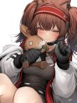  1girl absurdres angelina_(arknights) animal_ears arknights black_collar black_gloves black_shirt blush breasts brown_hair collar daisy earclip flower fox_ears fox_girl gloves hairband highres holding holding_flower holding_stuffed_toy infection_monitor_(arknights) jacket knees_up long_hair long_sleeves medium_breasts open_clothes open_jacket orange_eyes red_hairband shirt simple_background sitting solo stuffed_animal stuffed_rabbit stuffed_toy tab_head twintails white_background white_flower white_jacket 