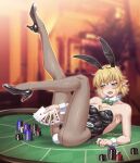  1girl ace_(playing_card) ace_of_hearts alternate_costume anal_tail animal_ears arm_support armpits between_breasts black_footwear black_leotard blonde_hair blurry blurry_background blush bow bowtie breasts breath bunny_day card character_name collarbone commentary_request crossed_bangs detached_collar fake_animal_ears fake_tail fingernails fishnet_pantyhose fishnets frown full_body green_bow green_bowtie green_eyes heart high_heels highres holding holding_card jack_(playing_card) jack_of_hearts king_(playing_card) king_of_hearts_(card) leg_up leotard lighter looking_to_the_side medium_bangs medium_breasts mizuhashi_parsee on_table ootsuki_wataru open_mouth pantyhose playboy_bunny playing_card pointy_ears poker_chip poker_table queen_(playing_card) queen_of_hearts_(card) rabbit_ears rabbit_tail royal_flush short_hair solo sweat table tail ten_of_hearts touhou wing_collar wrist_cuffs 
