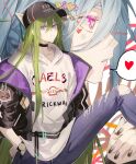  1boy 1girl black_jacket black_nails blue_hair bsq denim enkidu_(fate) fate/grand_order fate_(series) grey_hair hair_between_eyes hands_in_pockets hat heart highres hood hood_down hoodie jacket jewelry long_hair looking_at_viewer mother_and_son open_clothes open_jacket pink_eyes pointy_ears profile purple_eyes ring speech_bubble symbol-shaped_pupils tiamat_(fate) torn_clothes very_long_hair white_hoodie x-shaped_pupils x_x 