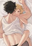  1boy 1girl bed bed_sheet black_hair blonde_hair blush clothed_male_nude_female ear_piercing feather_hair_ornament feathers genshin_impact hair_ornament hetero highres leg_lock lumine_(genshin_impact) lying male_underwear nude on_back on_bed orange_eyes piercing scar scar_on_arm scar_on_back stars4993 tank_top underwear white_tank_top wriothesley_(genshin_impact) 