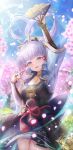  1girl arm_up armor blue_eyes blue_sky blunt_bangs blush cherry_blossoms chinese_knot commentary_request day dou floating_hair flower folding_fan genshin_impact grey_hair hair_ornament hand_fan highres holding holding_fan japanese_armor japanese_clothes kamisato_ayaka long_hair looking_at_viewer mole mole_under_eye neck_tassel outdoors penguintake petals pink_flower ponytail sky smile solo tassel teeth tree upper_teeth_only very_long_hair 