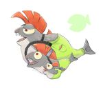  artist_name ayan_(ayan_00o) chum_(splatoon) cohock_(splatoon) colored_sclera commentary_request fish full_body green_overalls highres mohawk no_humans open_mouth overalls pocket profile red_eyes red_hair salmon_run_(splatoon) salmonid signature simple_background smallfry_(splatoon) smile splatoon_(series) splatoon_3 teeth tongue twitter_username white_background yellow_sclera 