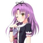  1girl belt black_bow black_bowtie black_shirt blush bow bowtie buttons cassis_(orleans13x) commentary_request curtained_hair eiyuu_densetsu frilled_wristband long_hair one_eye_closed purple_hair renne_(eiyuu_densetsu) shirt simple_background smile solo white_background wristband yellow_eyes 