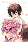  1boy black_hair blush bouquet falling_petals flower formal given highres holding holding_bouquet looking_at_viewer male_focus messy_hair murata_ugetsu open_mouth petals pinoli_(pinoli66) portrait purple_flower purple_rose red_flower red_rose rose smile solo sparkle suit white_background 