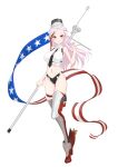  1girl absurdres american_flag black_necktie black_panties breasts flagpole full_body highres holding holding_pole kantai_collection large_breasts long_hair looking_at_viewer massachusetts_(kancolle) multicolored_hair navel necktie neve_(morris-minicooper) panties pink_hair pole red_eyes red_hair shirt sleeveless sleeveless_shirt solo star_(symbol) streaked_hair underwear white_shirt 