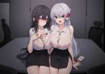  2girls absurdres bare_arms bare_shoulders between_breasts black_eyes black_hair black_skirt breasts button_gap buttons cleavage collarbone collared_shirt commission covered_nipples ddangbi desk dress_shirt frown hair_branch hair_ornament hand_up headphones highres huge_breasts id_card large_breasts long_hair looking_at_viewer miniskirt multiple_girls object_on_breast office_lady on_desk open_mouth original pencil_skirt red_eyes second-party_source see-through shirt side_slit sitting sitting_on_desk skirt sleeveless sleeveless_shirt smile thighs very_long_hair wet wet_clothes wet_shirt white_hair white_shirt 