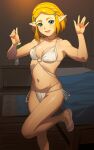 1girl a1 bikini blonde_hair blush bob_cut braid breasts choker cleavage collarbone crown_braid hair_ornament hairclip indoors looking_at_viewer navel o-ring o-ring_bikini open_mouth parted_bangs pointy_ears princess_zelda sandals short_hair side-tie_bikini_bottom smile solo standing standing_on_one_leg swimsuit the_legend_of_zelda the_legend_of_zelda:_tears_of_the_kingdom white_bikini 