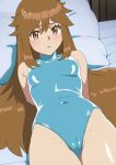  1girl :o aji_n alternate_costume arms_behind_back blush breasts brown_eyes brown_hair cameltoe commentary_request covered_collarbone covered_navel eyelashes green_(pokemon) green_leotard hair_flaps highres leotard long_hair looking_at_viewer lying on_back on_bed open_mouth pillow pokemon pokemon_(game) pokemon_lgpe sidelocks solo tearing_up 