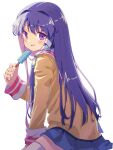  1girl :d akayama_yukihe arm_support blue_skirt blush clannad commentary cowboy_shot food from_behind fujibayashi_kyou hair_between_eyes hair_intakes hair_over_shoulder hair_ribbon hand_up happy highres hikarizaka_private_high_school_uniform holding holding_food holding_popsicle jacket leaning_forward long_hair long_sleeves looking_at_viewer miniskirt open_mouth pleated_skirt popsicle purple_eyes purple_hair ribbon sailor_collar school_uniform sidelighting simple_background skirt smile solo straight_hair thighhighs very_long_hair white_background white_ribbon white_sailor_collar white_thighhighs yellow_jacket zettai_ryouiki 