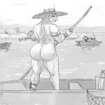  1:1 anthro big_butt boat butt clothing eyes_closed fin fish girokett hat headgear headwear hi_res holding_object huge_butt male marine monochrome mountain muscular muscular_male nude outside rear_view shark smile solo vehicle village water watercraft 